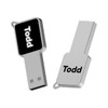 A silver LED flash drive featuring a sleek design with a branding logo.