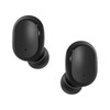 Black wireless earbuds with a sleek design, featuring a small branding logo on one of the earbuds.