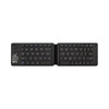 A foldable Bluetooth keyboard in black, featuring a compact layout and a logo on the left side.