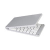 A grey foldable Bluetooth keyboard with white keys, featuring a sleek design and a logo on the surface.