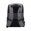 A grey backpack featuring padded straps and a logo, designed with sleek, anti-theft features.
