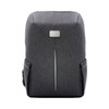 A grey backpack with a sleek design, featuring side pockets and a logo.