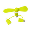 A bright yellow phone fan with two connectors and a flexible cable, designed for easy attachment to devices.