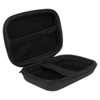 A black zippered case with a mesh pocket and a strap inside, designed for storage.