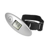 A silver travel scale with a digital display and a black strap for easy handling.
