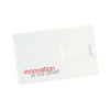 A white slimline credit card flash drive featuring a logo and a printed phrase, designed for easy portability.