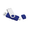 A blue and white USB flash drive with a swivel design and a removable cap. It features a logo on the side.