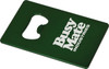 A drink bottle opener in a rectangular green design with a circular opening and a logo.