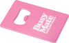 A pink drink bottle opener in a card shape featuring a circular cutout and a logo.