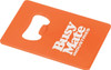 An orange bottle opener keyring with a cut-out for opening bottles and a logo.