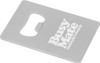 A drink bottle opener in a silver, rectangular design featuring a logo.