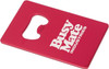 A drink bottle opener with a red metallic finish, featuring a logo in white.