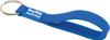 A blue silicone keyring featuring a loop design and a metal ring for attachment. It has a branding logo.