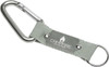A silver carabiner keyring with a grey fabric strap and a metal plate featuring a logo.
