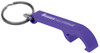 A drink bottle opener keyring in purple metal, featuring a keyring attachment and a logo.