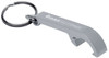 A drink bottle opener keyring in silver with a keyring attachment and a branding logo.