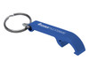 A drink bottle opener keyring in blue with a silver keyring attachment. Features a logo on the opener.