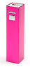 A pink power bank with a sleek design and a logo, featuring a USB port and a button.