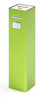 A green power bank with USB ports, featuring a sleek, rectangular design and a small logo.