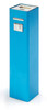 A blue power bank with a rectangular shape and USB ports, featuring a logo on its surface.