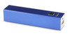 A blue power bank with a USB output port and a small button, featuring a sleek rectangular design.