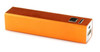 An orange power bank with a sleek design, featuring a button and USB ports for charging devices.