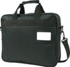 A black satchel computer bag with dual handles, a shoulder strap, and a small clear window for identification.