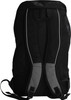 A black backpack with grey accents and padded straps, featuring a logo on the front.