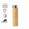 A drink bottle with a bamboo exterior and stainless steel cap, featuring a double wall for insulation.
