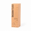 A vacuum flask in a cardboard box featuring a temperature display. The box has an illustration and a logo.