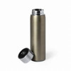 A drink bottle in a matte grey finish with a metallic silver lid. It features a logo on the lid.