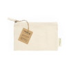 A natural cotton toiletry bag in cream, featuring a zip closure and a tag for organic certification.