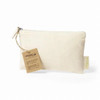 A cream toiletry bag made of organic cotton, featuring a zip closure and a hang tag with information.