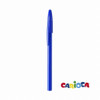 A blue pen with a cap and a logo at the bottom.