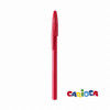 A red pen with a cap, featuring a branding logo.