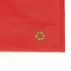 A red reusable shopping bag with a small green recycling logo on the side.