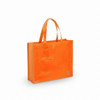 An orange tote bag with sturdy handles and a glossy finish. The bag has a logo on one side.