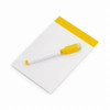 A notepad with a yellow top and a matching yellow pen. The pen's clip and tip are also yellow.