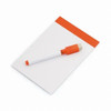 A notepad with an orange top and a white pen resting on it. The notepad features a logo.