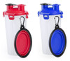 A drink bottle in white with red and blue lids and black caps, featuring a carabiner and separate lids.