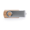 A USB memory stick in silver and wood finish, featuring a circular hole for attachment and a sleek design.