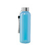 A drink bottle in a light blue colour with a silver lid and a grey strap for easy carrying.