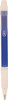 A plastic pen with a blue barrel and rubber grip, featuring a push button and a logo.