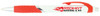 A plastic pen with a white barrel, red grip, and silver trim, featuring a logo.
