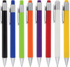 An array of plastic push button pens in black, green, orange, purple, red, white, and yellow, featuring silver accents.