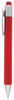 A red plastic pen with a push button and a silver clip, featuring a metallic tip and a logo.