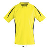 A bright yellow kids’ soccer jersey featuring black side accents and a crew neck, with a logo at the bottom.
