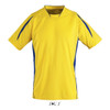 A yellow sports jersey with blue accents and a logo, designed for kids' soccer.