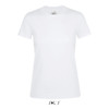 A white women's T-shirt made from 100% semi-combed ring-spun cotton, featuring a logo.