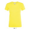 A yellow women's T-shirt made of 100% semi combed ring spun cotton, featuring a logo on the front.